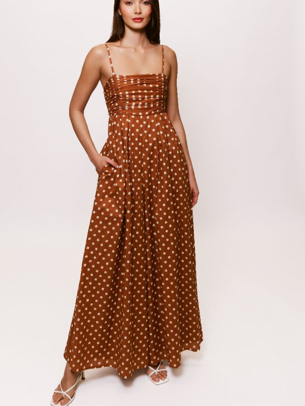 Hutch Polka Ottie Dot Spaghetti Strap Wide-Leg Maxi Jumpsuit - Brown/White sz S